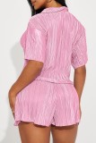 Pink Casual Solid Patchwork Shirt Collar Short Sleeve Two Pieces