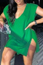Green Casual Solid Slit V Neck Sleeveless Dress Dresses