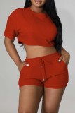 Pink Casual Solid Basic O Neck Short Sleeve Two Pieces