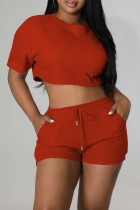 Orange Red Casual Solid Basic O Neck Short Sleeve Two Pieces