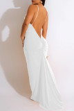 White Sexy Solid Backless V Neck Long Dress Dresses