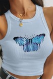 Pink Casual Butterfly Print Basic O Neck Tops