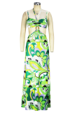 Green Sexy Print Hollowed Out Spaghetti Strap Sling Dress Dresses