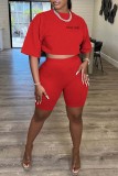 Red Casual Letter Embroidery Basic O Neck Short Sleeve Two Pieces