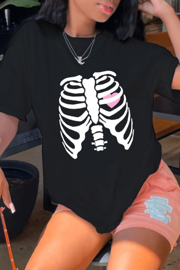 Black Casual Print Basic O Neck T-Shirts