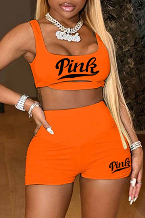 Orange Sexy Print Letter U Neck Sleeveless Two Pieces