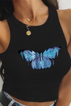 Black Casual Butterfly Print Basic O Neck Tops