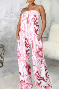 Pink Sexy Print Patchwork Strapless Straight Jumpsuits