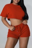 Pink Casual Solid Basic O Neck Short Sleeve Two Pieces