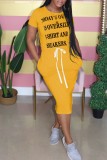Yellow Casual Letter Print Basic O Neck Short Sleeve Dress