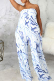 Blue Sexy Print Patchwork Strapless Straight Jumpsuits(With A Belt)