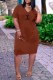 Coffee Casual Print Letter V Neck A Line Dresses