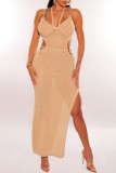 Khaki Sexy Solid Bandage See-through Backless Slit Spaghetti Strap Beach Dress Dresses