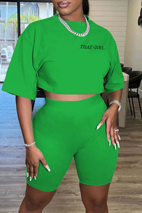 Green Casual Letter Embroidery Basic O Neck Short Sleeve Two Pieces