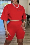 Red Casual Letter Embroidery Basic O Neck Short Sleeve Two Pieces