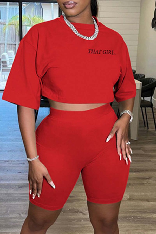 Red Casual Letter Embroidery Basic O Neck Short Sleeve Two Pieces