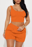 Tangerine Red Casual Solid Patchwork U Neck Sleeveless Two Pieces
