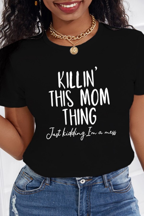 Black Casual Print Basic O Neck T-Shirts