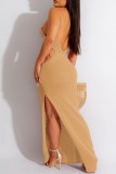 White Sexy Solid Bandage See-through Backless Slit Spaghetti Strap Beach Dress Dresses