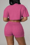 Pink Casual Solid Basic O Neck Short Sleeve Two Pieces