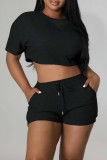 Pink Casual Solid Basic O Neck Short Sleeve Two Pieces