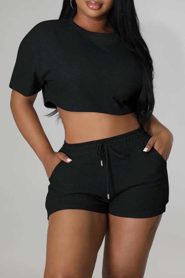 Black Casual Solid Basic O Neck Short Sleeve Two Pieces
