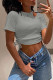 Grey Casual Solid Hollowed Out Patchwork Draw String O Neck T-Shirts