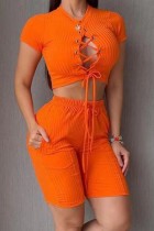 Orange Sexy Casual Solid Bandage Hollowed Out O Neck Short Sleeve Two Pieces