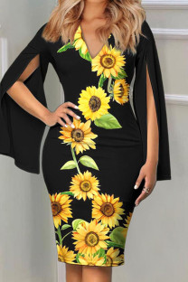 Black Yellow Elegant Print Patchwork V Neck One Step Skirt Dresses