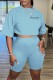 Blue Casual Letter Embroidery Basic O Neck Short Sleeve Two Pieces