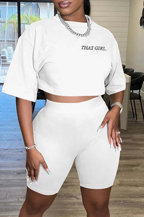White Casual Letter Embroidery Basic O Neck Short Sleeve Two Pieces