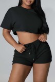 Pink Casual Solid Basic O Neck Short Sleeve Two Pieces