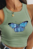 Black Casual Butterfly Print Basic O Neck Tops