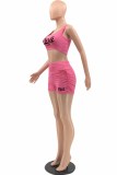 Rose Red Sexy Print Letter U Neck Sleeveless Two Pieces