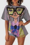 Purple Casual Street Print Patchwork Hot Drill O Neck T-Shirts