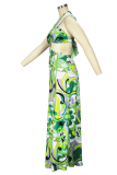 Green Sexy Print Hollowed Out Spaghetti Strap Sling Dress Dresses