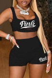 Rose Red Sexy Print Letter U Neck Sleeveless Two Pieces