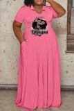 Pink Casual Print Basic O Neck Short Sleeve Dress Plus Size Dresses