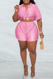 Pink Casual Solid Patchwork Shirt Collar Short Sleeve Two Pieces