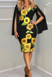 Black Yellow Elegant Print Patchwork V Neck One Step Skirt Dresses