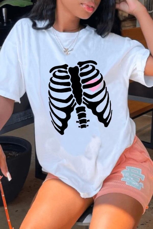 White Casual Print Basic O Neck T-Shirts