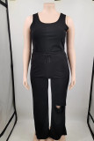 Black Casual Solid Hollowed Out Patchwork U Neck Plus Size Two Pieces