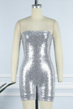 Silver Sexy Patchwork Sequins Backless Strapless Skinny Romper