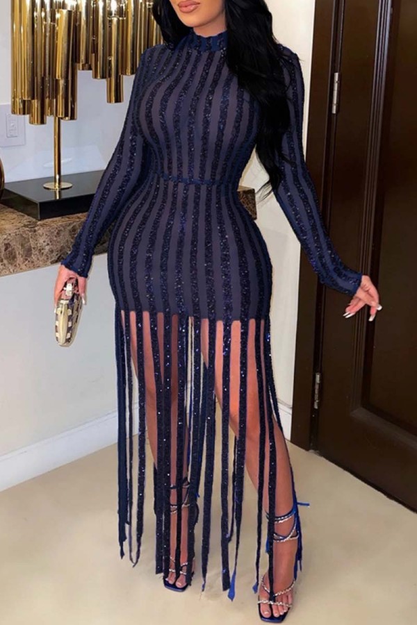 Blue Sexy Patchwork Tassel Sequins See-through Half A Turtleneck Long Sleeve Dresses
