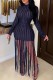 Blue Sexy Patchwork Tassel Sequins See-through Half A Turtleneck Long Sleeve Dresses