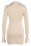 Apricot Fashion Sexy Solid Slit Turndown Collar Long Sleeve Dresses