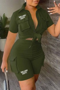 Army Green Casual Street Print Letter Turndown Collar Short Sleeve Two Pieces