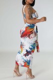 White Sexy Print Backless Fold Strapless Sleeveless Two Pieces