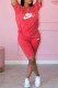 Watermelon Red Casual Print Letter O Neck Short Sleeve Two Pieces