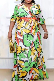 Green Casual Print Patchwork With Belt V Neck Printed Dress Plus Size Dresses
